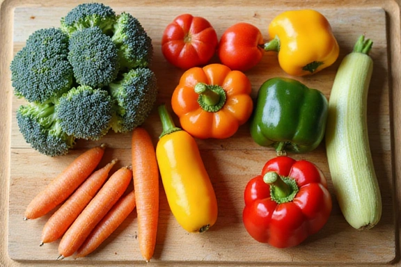 Eine Vielzahl von bunten, frischen Gemüsesorten auf einem Schneidebrett, bereit für die Zubereitung.