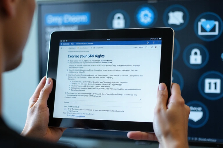 Eine Person hält ein Tablet mit einem Formular zum Ausfüllen, um ihre Rechte gemäß DSGVO auszuüben. Im Hintergrund sind verschwommen Symbole für Datenschutz und Sicherheit zu sehen.