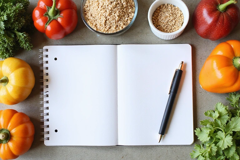 Notizbuch, Stift und gesundes Essen als Vorbereitung auf Beratung