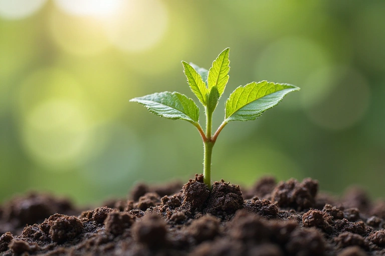 Pflanze wächst aus Erde mit kleinen Blättern, symbolisiert Wachstum und Ergebnisse